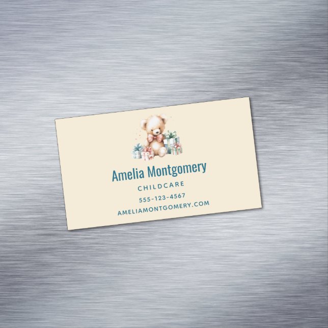 Cute Teddy Bear with Christmas Presents Magnetic Business Card (In Situ)
