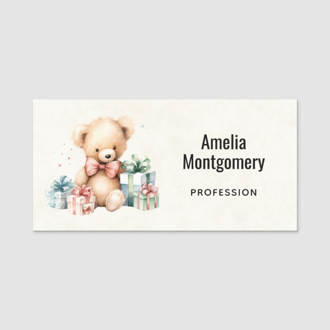 Cute Teddy Bear with Christmas Presents Name Tag (Front)