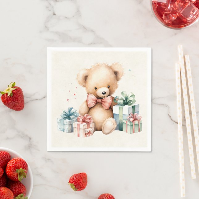 Cute Teddy Bear with Christmas Presents Napkin (Insitu)