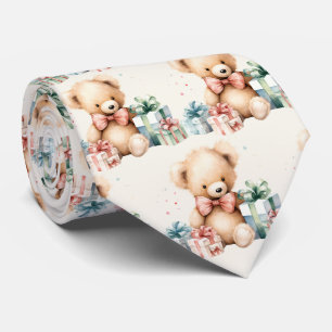 Cute Teddy Bear with Christmas Presents Pattern Tie
