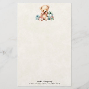 Cute Teddy Bear with Christmas Presents Stationery