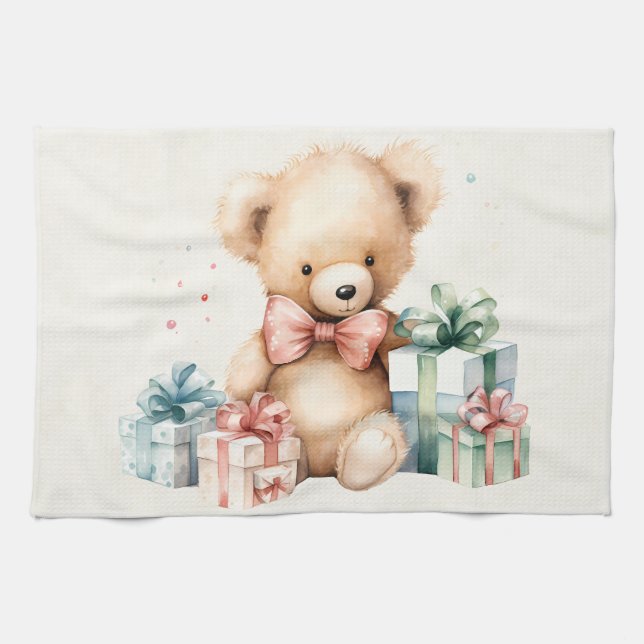 Cute Teddy Bear with Christmas Presents Tea Towel (Horizontal)