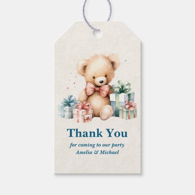 Cute Teddy Bear with Christmas Presents Thank You Gift Tags (Front)