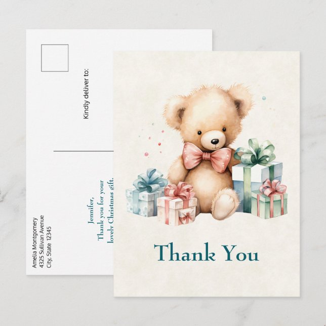 Cute Teddy Bear with Christmas Presents Thank You Postcard (Front/Back)