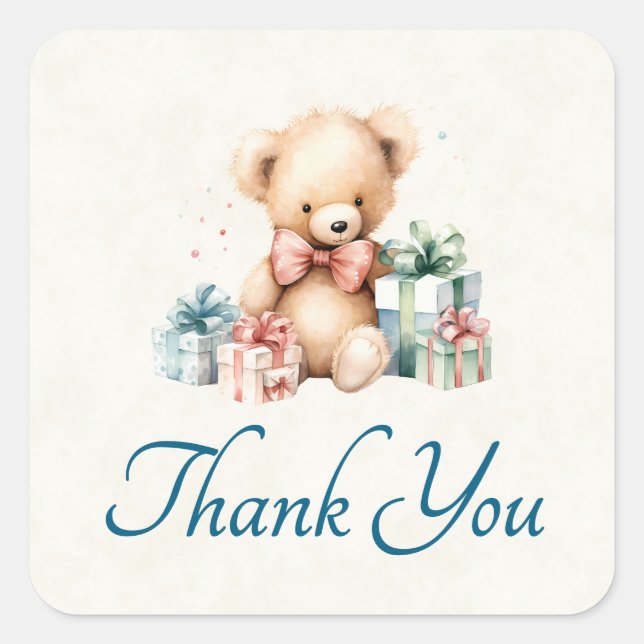Cute Teddy Bear with Christmas Presents Thank You Square Sticker (Front)