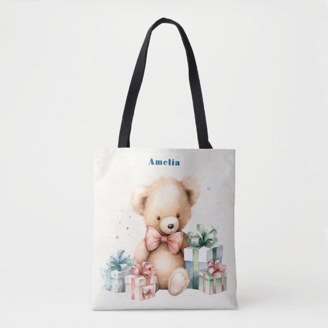 Cute Teddy Bear with Christmas Presents Tote Bag (Front)