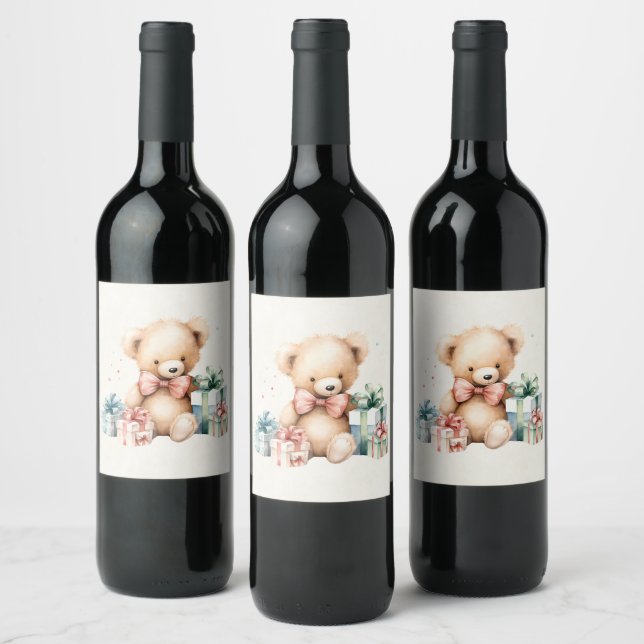  Cute Teddy Bear with Christmas Presents Wine Label (Bottles)