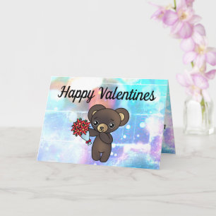 Cute Teddy Bear with Flowers for Valentines Card