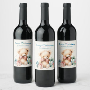 Cute Teddy Bear with Gifts Merry Christmas Wine Label