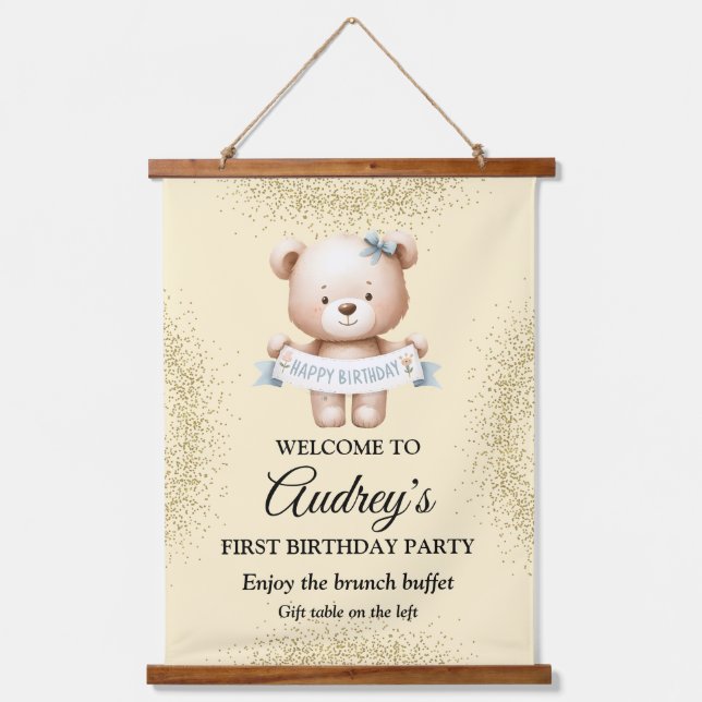 Cute Teddy Bear with Happy Brithday Hanging Tapestry (Front)