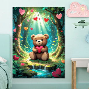 Cute Teddy Bear with Heart in Forest Poster