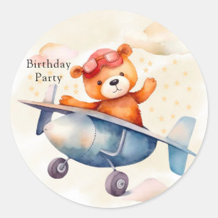 Cute Teddy Bear With His Aeroplane Birthday Party Classic Round Sticker
