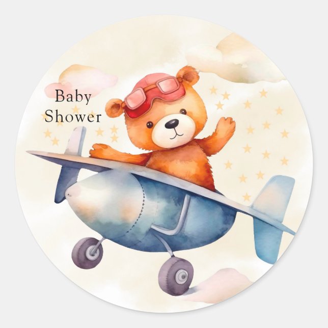 Cute Teddy Bear With His Aeroplane Birthday Party Classic Round Sticker (Front)