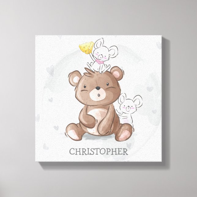 Cute teddy bear with mouses boy nursery canvas print (Front)