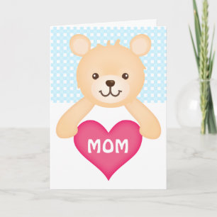 Cute Teddy Bear with Mum's Heart (blue) Card