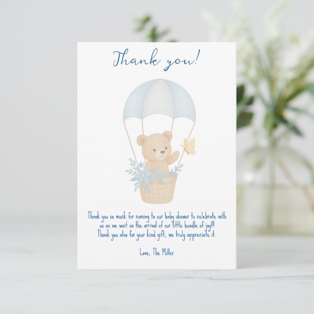 Cute Teddy Bear with Parachute Baby Shower  Thank You Card (Standing Front)