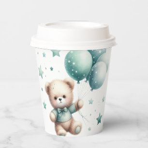 CUTE TEDDY BEAR WITH PASTEL GREEN BALLOONS PAPER CUPS