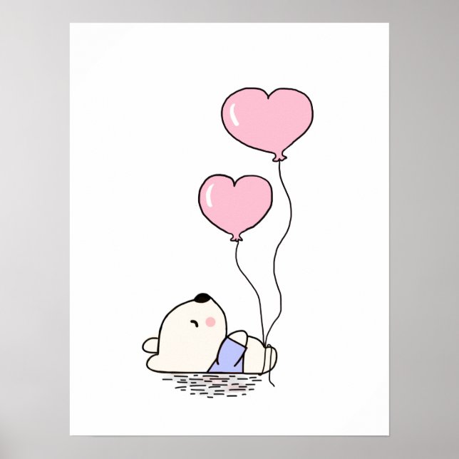 Cute Teddy Bear with Pink Balloons Girls Bedroom Poster (Front)