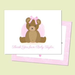 Cute Teddy Bear with Pink Bow Baby Girl Shower Thank You Card