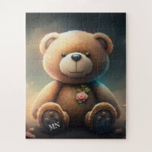 Cute teddy bear with pink rose monogram AI art