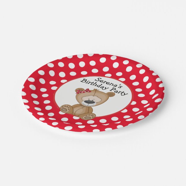 Cute Teddy Bear with Polka Dots Birthday Paper Plate (Angled)