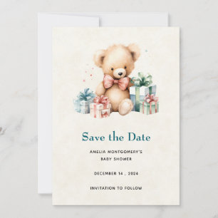 Cute Teddy Bear with Presents Baby Shower Save The Date