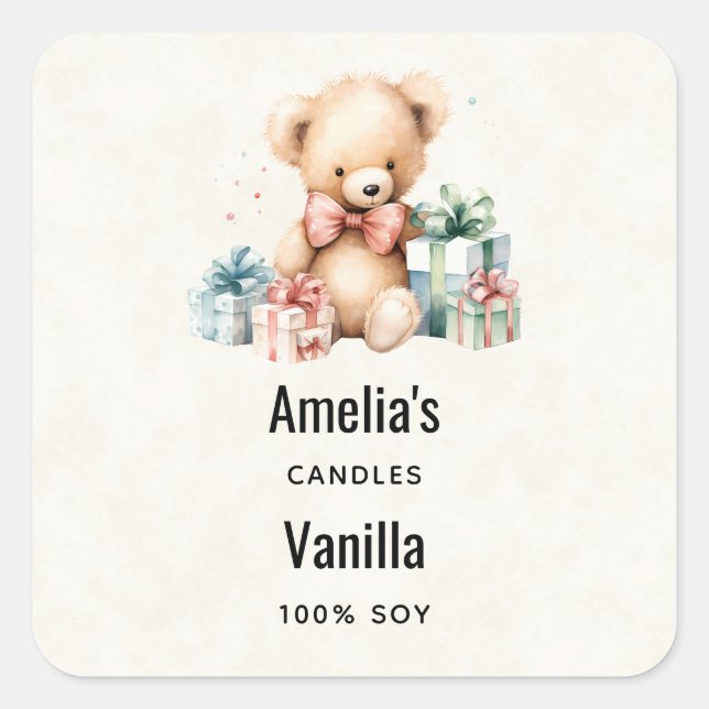 Cute Teddy Bear with Presents Candle Business Square Sticker (Front)