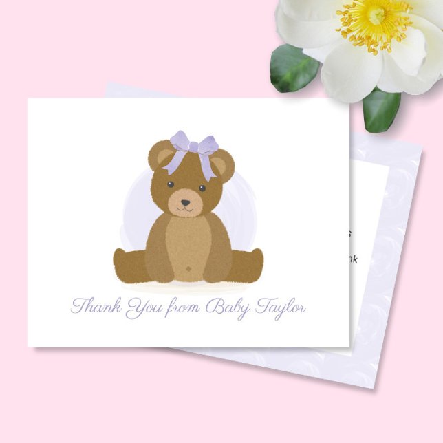 Cute Teddy Bear with Purple Bow Baby Girl Shower Thank You Card (Creator Uploaded)