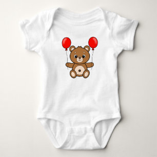 Cute Teddy Bear with Red Balloons Adorable Cartoon Baby Bodysuit