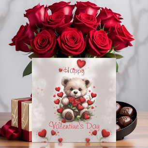 Cute Teddy Bear with Roses & Hearts Valentines Day Holiday Card