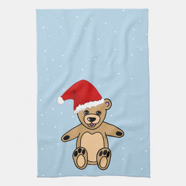 Cute Teddy Bear with Santa Hat Blue Christmas  Tea Towel (Vertical)