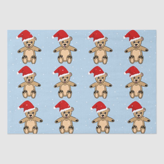 Cute Teddy Bear with Santa Hat Blue Christmas Tissue Paper (Front)