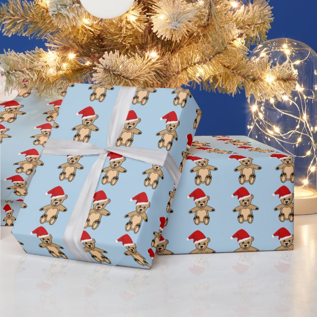 Cute Teddy Bear with Santa Hat Blue Christmas Wrapping Paper (Holidays)