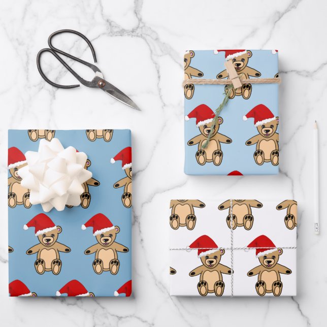 Cute Teddy Bear with Santa Hat Blue Christmas Wrapping Paper Sheet (Front)