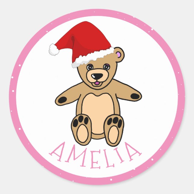 Cute Teddy Bear with Santa Hat Christmas Ki Classic Round Sticker (Front)