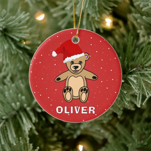 Cute Teddy Bear with Santa Hat Name Ceramic Tree Decoration (Tree)