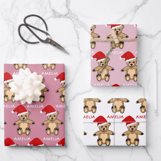 Cute Teddy Bear with Santa Hat Pink Christmas Kids Wrapping Paper Sheet (Front)