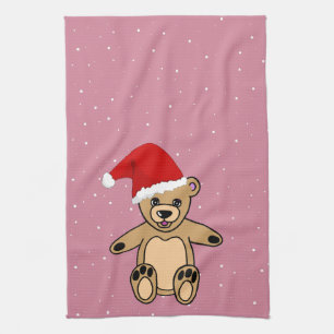 Cute Teddy Bear with Santa Hat Pink Christmas Tea Towel