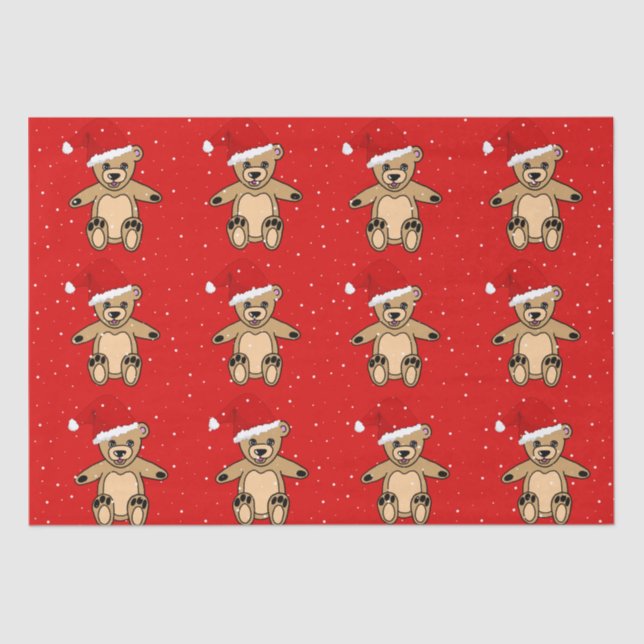 Cute Teddy Bear with Santa Hat Red Christmas Tissue Paper (Front)