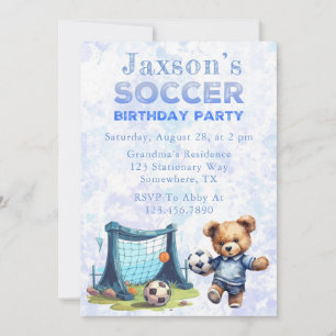 Cute Teddy Bear with Soccer Birthday Party Invitation