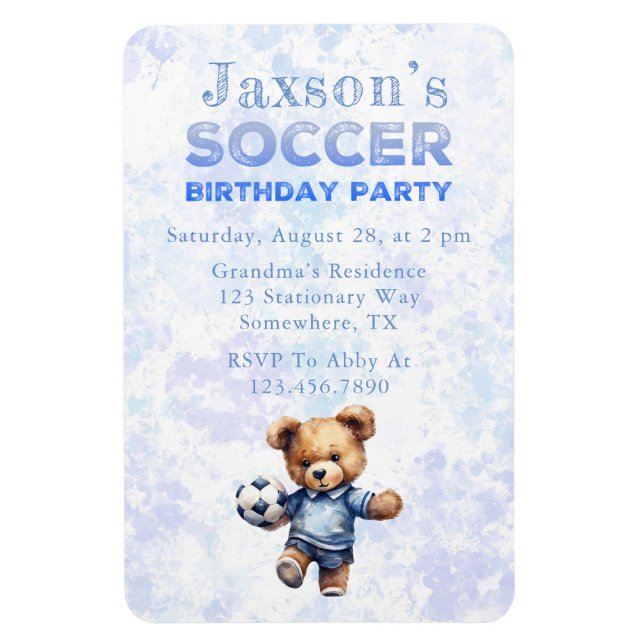 Cute Teddy Bear with Soccer Birthday Party Invite Magnet (Vertical)