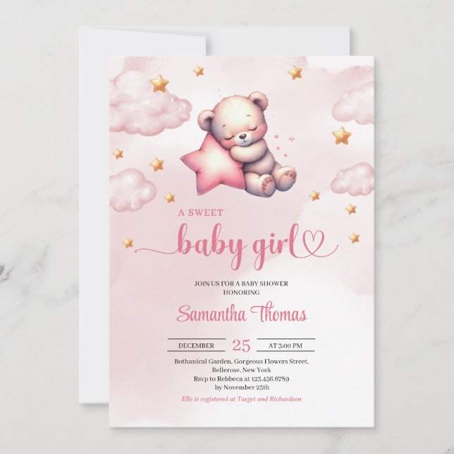 Cute Teddy bear with stars girl baby shower Invitation (Front)