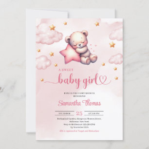 Cute Teddy bear with stars girl baby shower Invitation