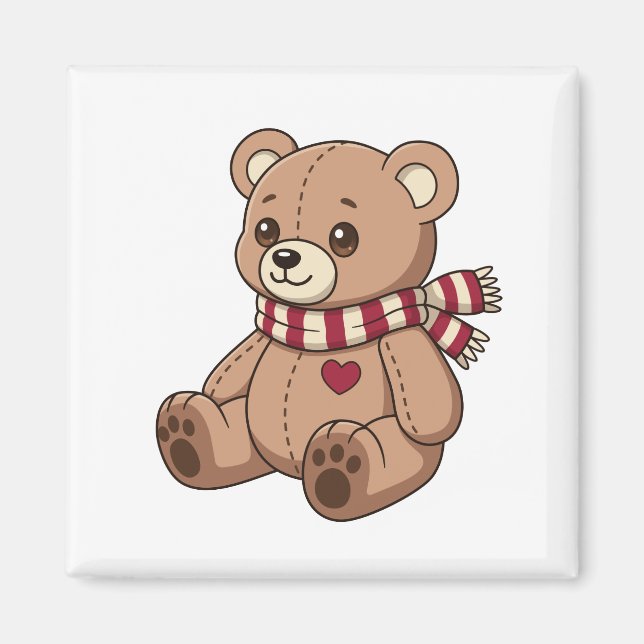 Cute Teddy Bear with Striped Scarf Magnet (Front)
