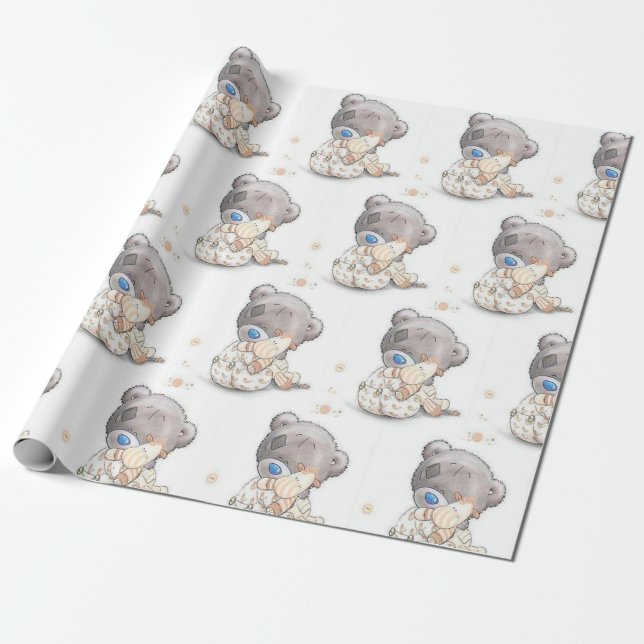 Cute teddy bear with toy customizable wrapping paper (Unrolled)