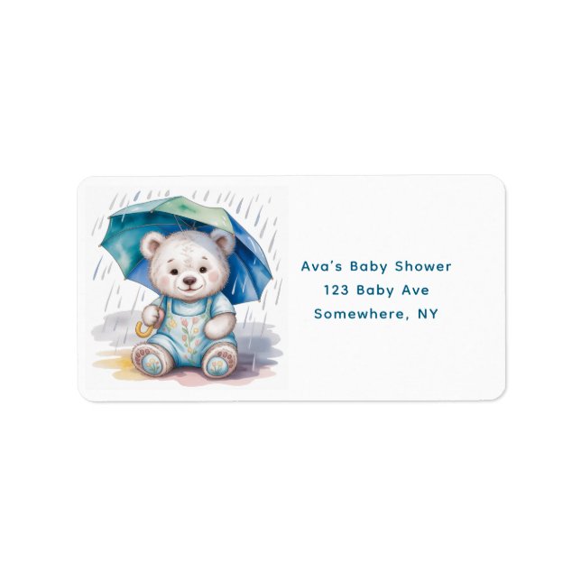 Cute Teddy Bear With Umbrella Boy Baby Shower Label (Front)