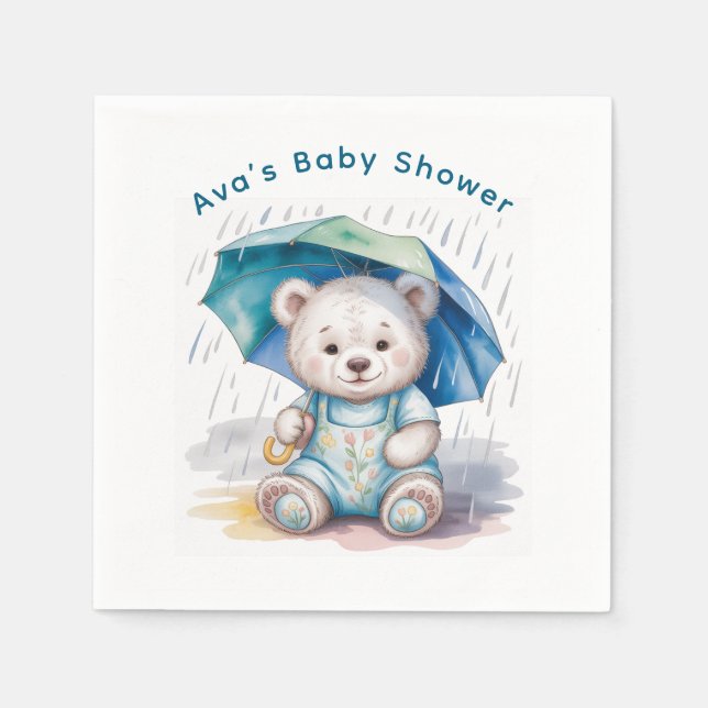 Cute Teddy Bear With Umbrella Boy Baby Shower Napkin (Front)