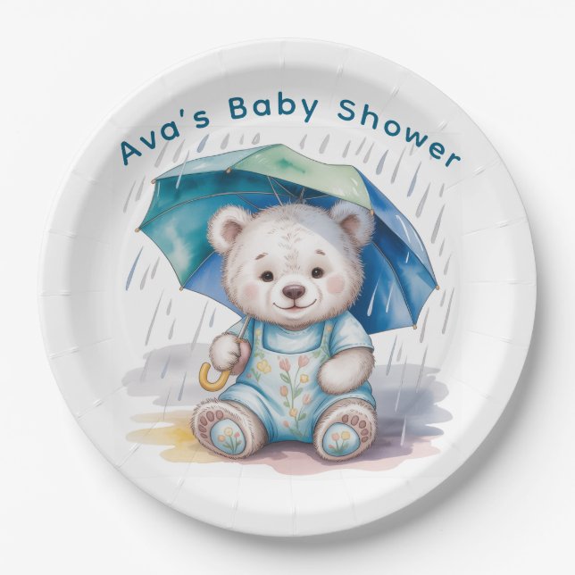 Cute Teddy Bear With Umbrella Boy Baby Shower Paper Plate (Front)