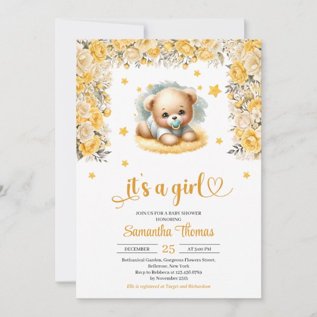 Cute teddy bear yellow flowers girl baby shower invitation (Front)
