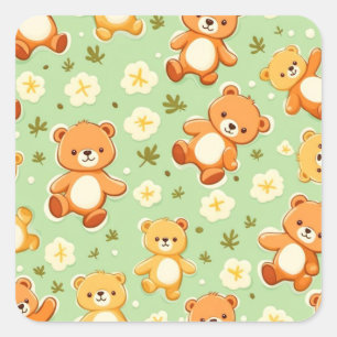 Cute teddy bears and leaves pattern green square sticker